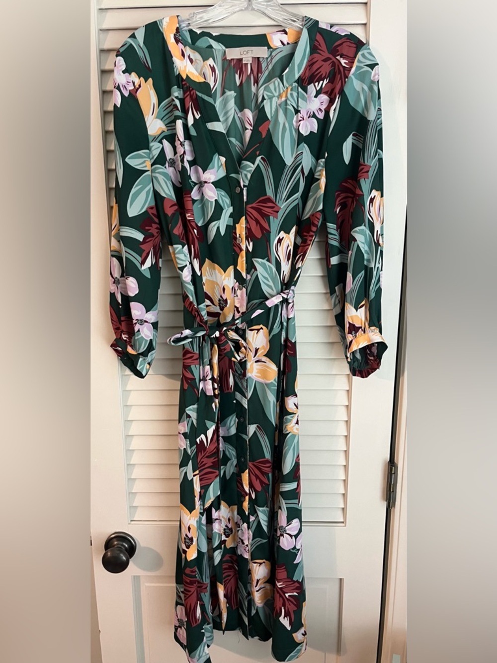LOFT Dark Green Floral Maxi Dress with Burgundy and Yellow Accents